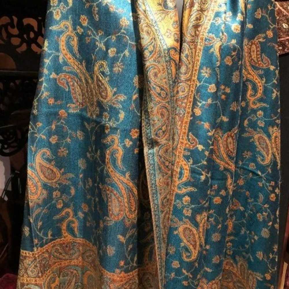 Vintage Turquoise Paisley Brocade Pashmina Scarf … - image 2