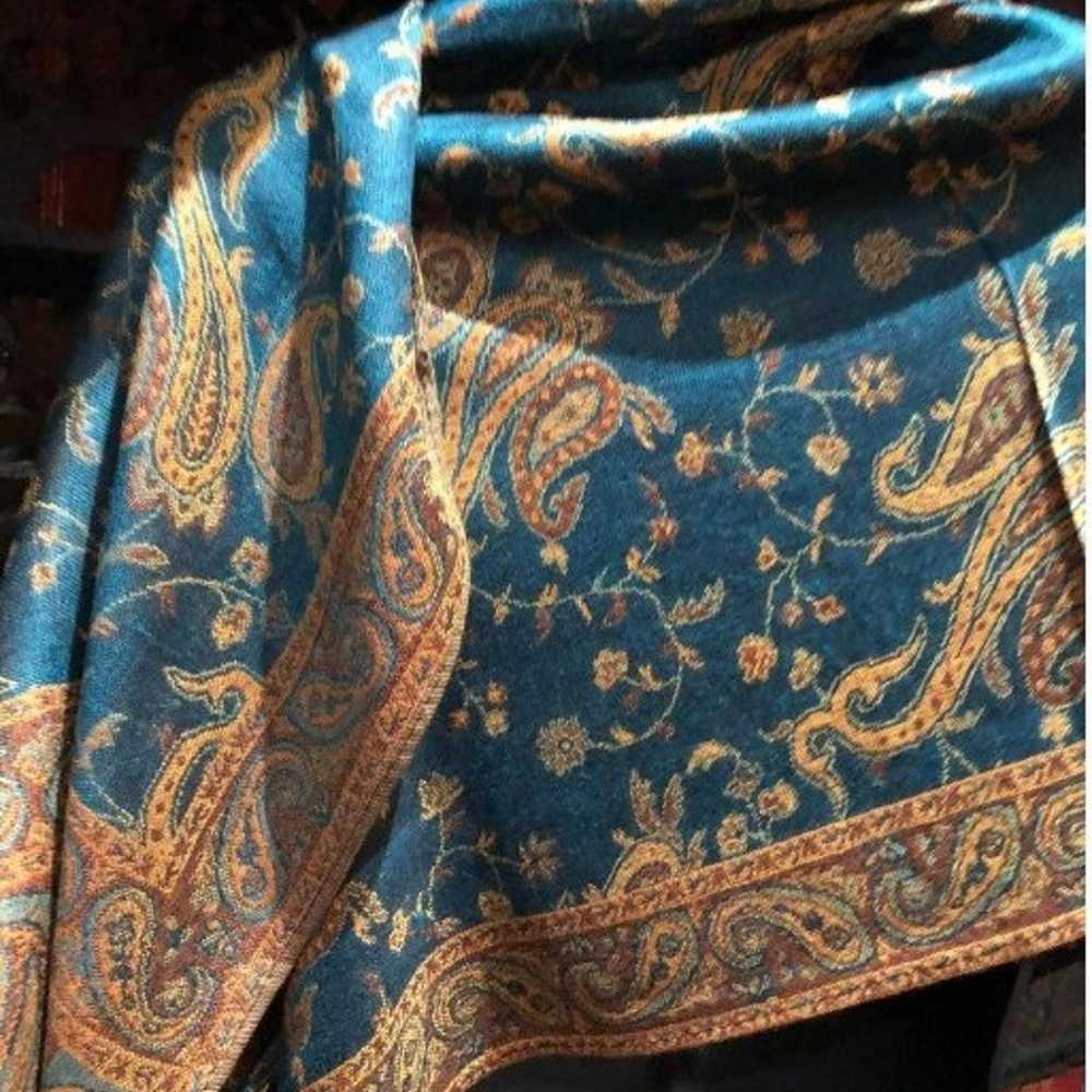 Vintage Turquoise Paisley Brocade Pashmina Scarf … - image 3