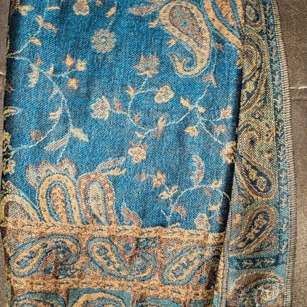 Vintage Turquoise Paisley Brocade Pashmina Scarf … - image 4