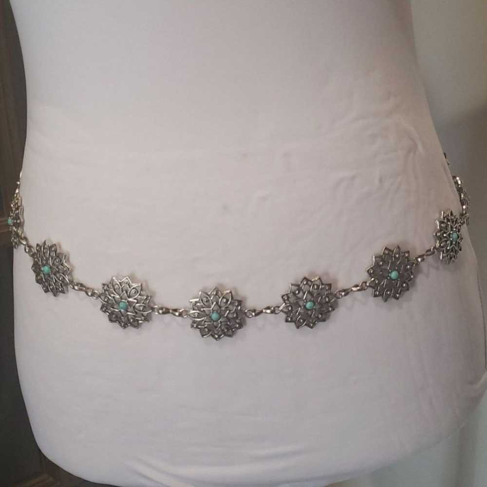 Metal Flower Hollow Waist Chain Silvery Turquoise… - image 2