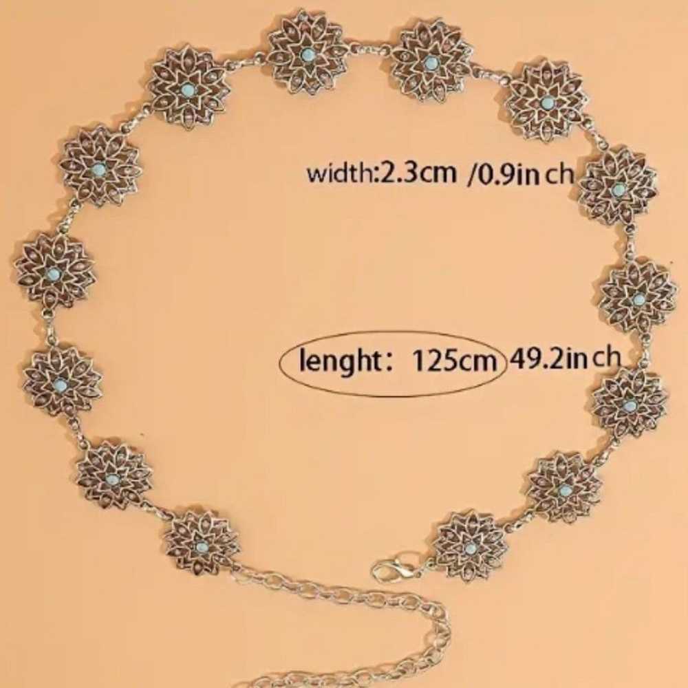 Metal Flower Hollow Waist Chain Silvery Turquoise… - image 5