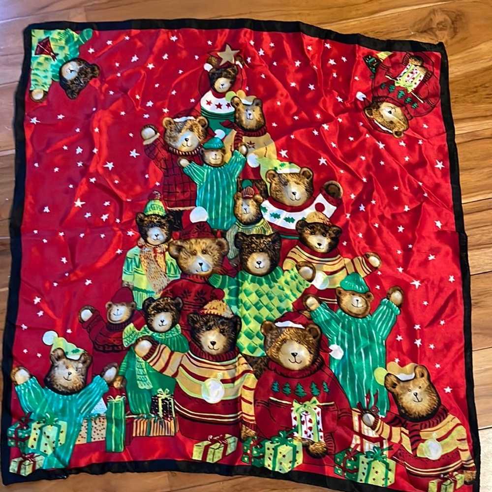 Silk scarf Christmas bears and presents. Elaine G… - image 1