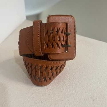 Vintage Y2K Woven Leather Wide Waist Belt Brown B… - image 1