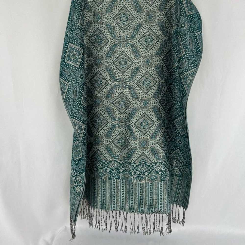 Vintage Blue and Green Silk and Wool Scarf Shawl - image 5