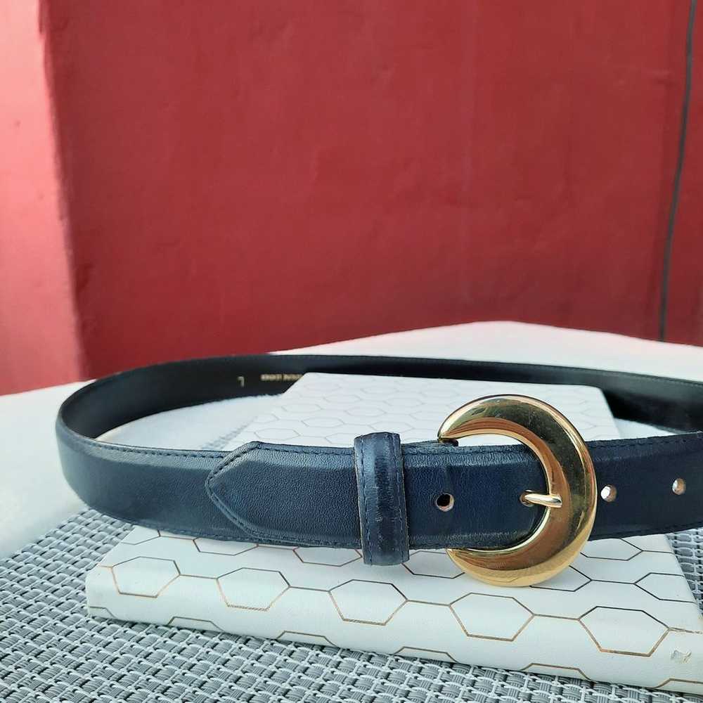 Vintage 90's Round Brass Buckle Leather Belt Navy… - image 1