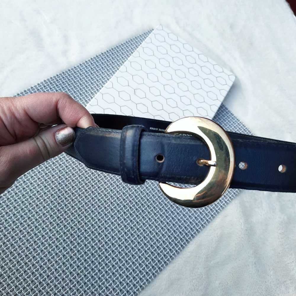 Vintage 90's Round Brass Buckle Leather Belt Navy… - image 2