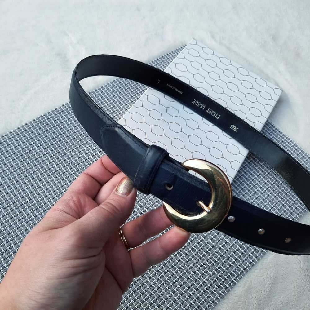 Vintage 90's Round Brass Buckle Leather Belt Navy… - image 3