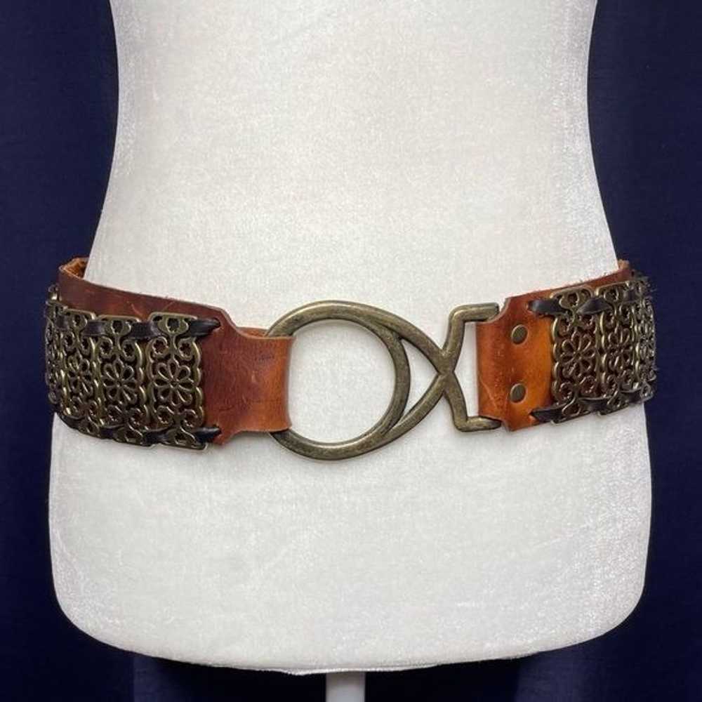 90s Leatherock Wide Leather Metal Filagree Belt - image 2