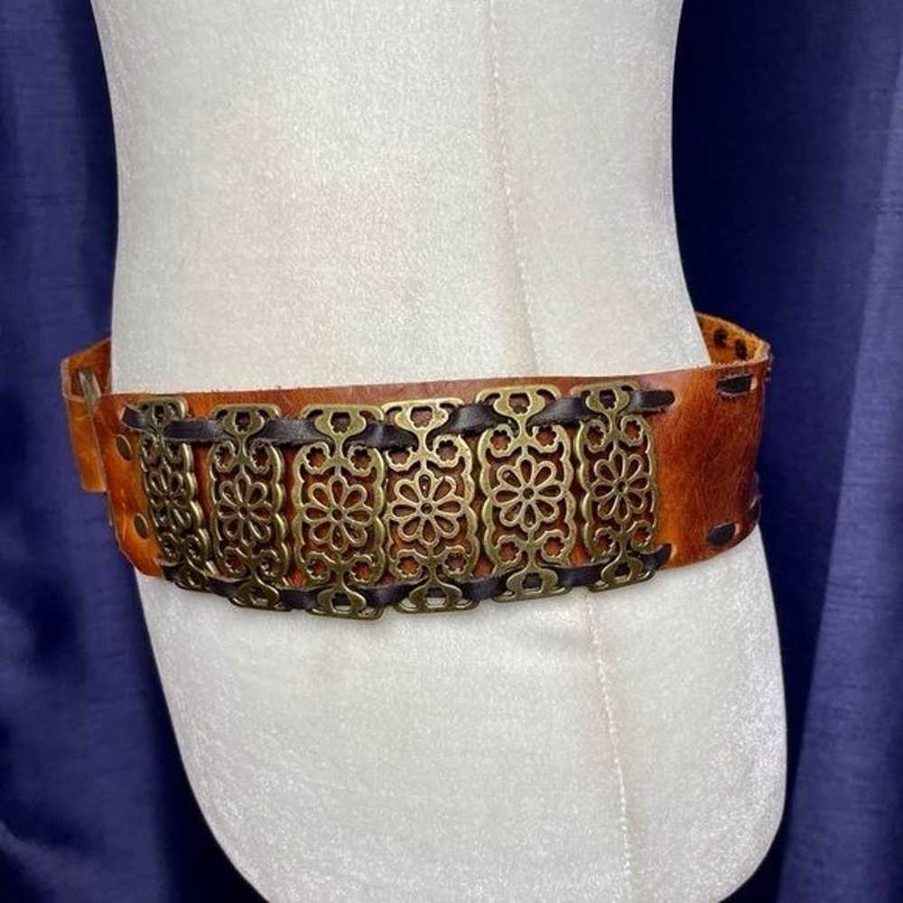 90s Leatherock Wide Leather Metal Filagree Belt - image 5