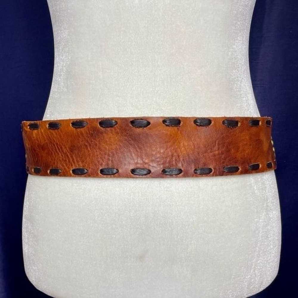 90s Leatherock Wide Leather Metal Filagree Belt - image 6