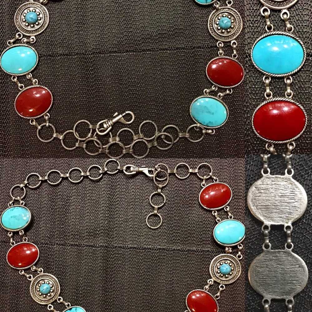 Turquoise And Coral Vintage Silver Belt - solid -… - image 1