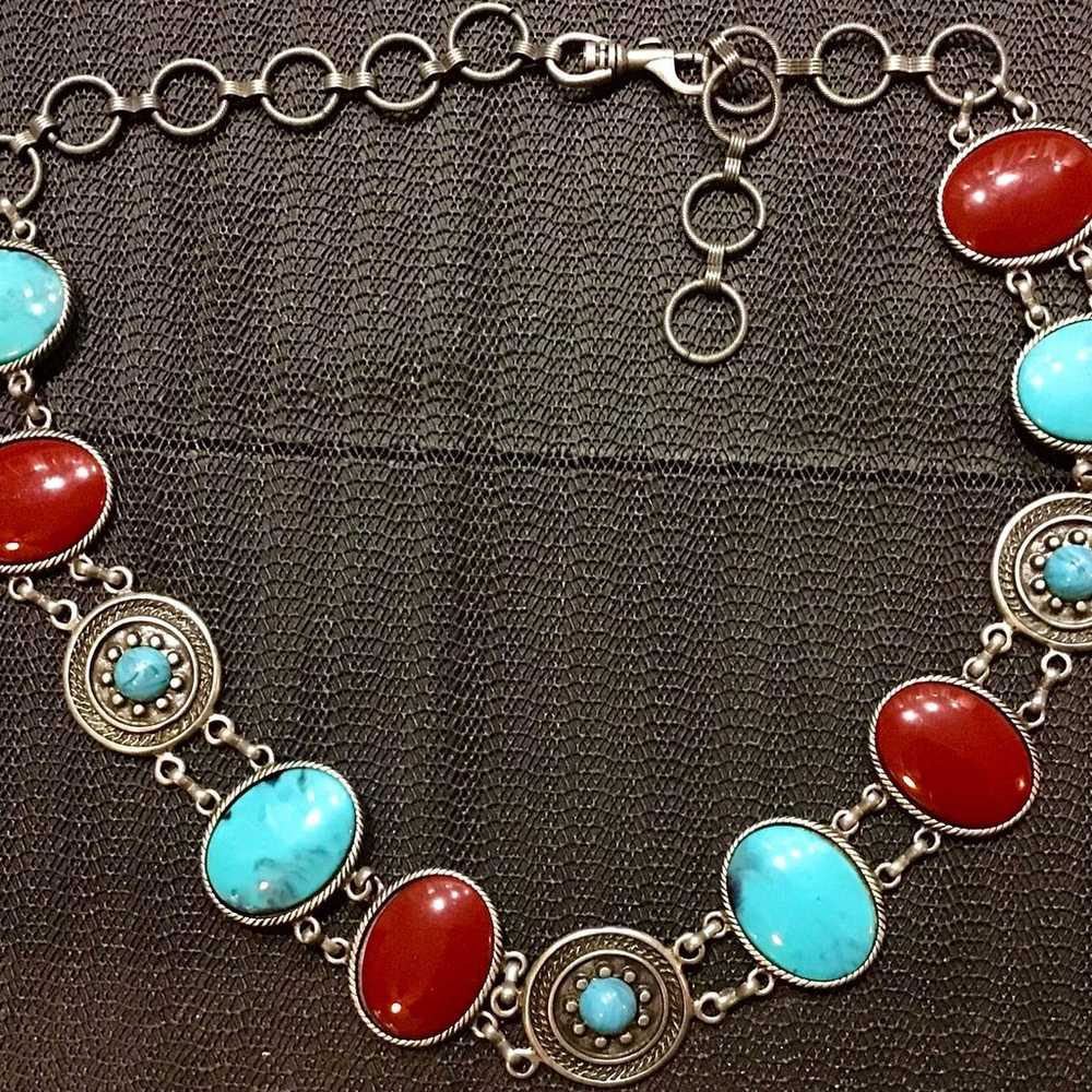 Turquoise And Coral Vintage Silver Belt - solid -… - image 2