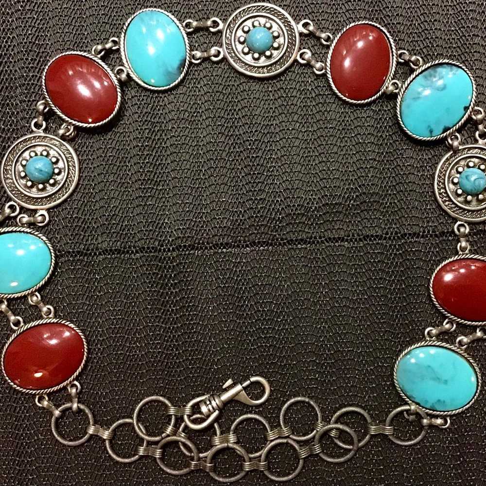 Turquoise And Coral Vintage Silver Belt - solid -… - image 3