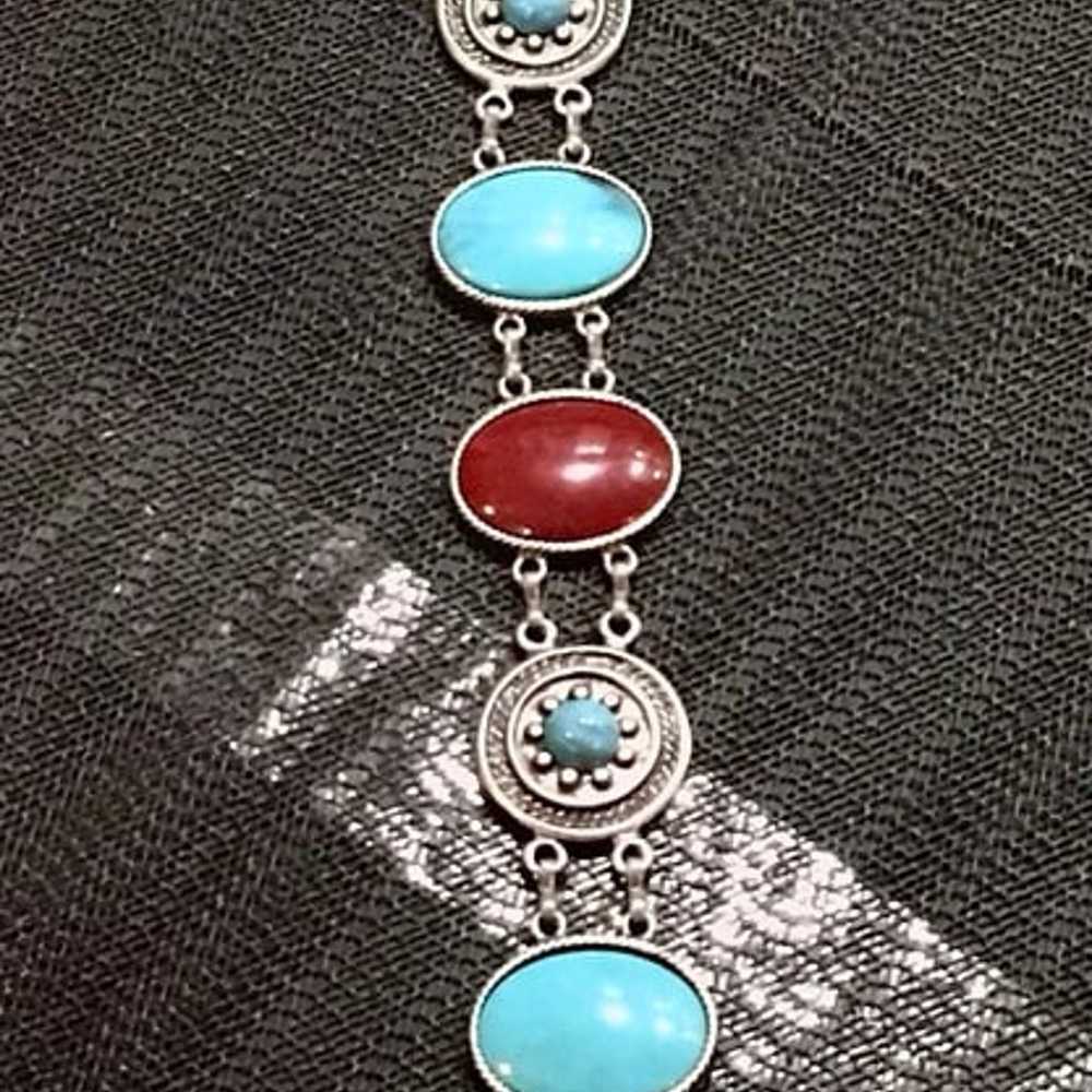 Turquoise And Coral Vintage Silver Belt - solid -… - image 5