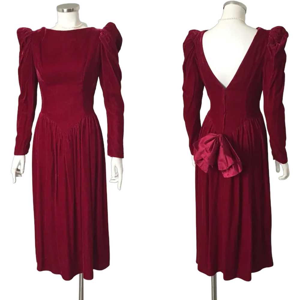 Vintage Late 1980s Maroon Velvet Dress with Enorm… - image 1