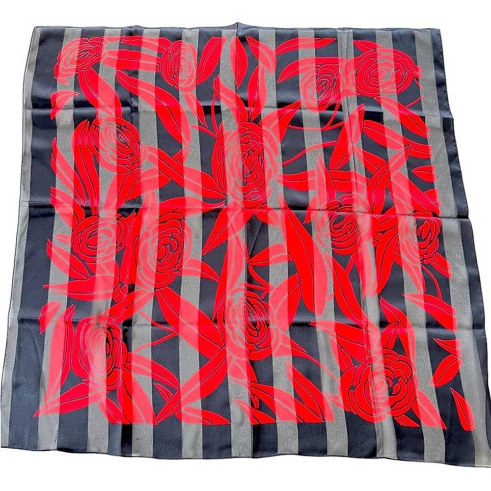 Red Roses on Black Scarf Large 30" Square Vintage… - image 2