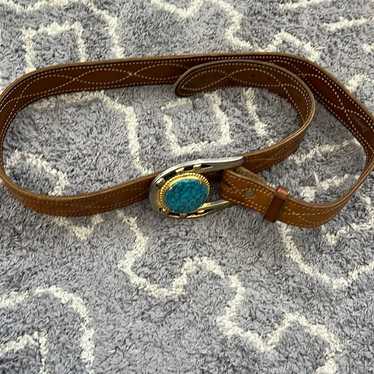 Vintage looper leather belt with turquoise buckle - image 1