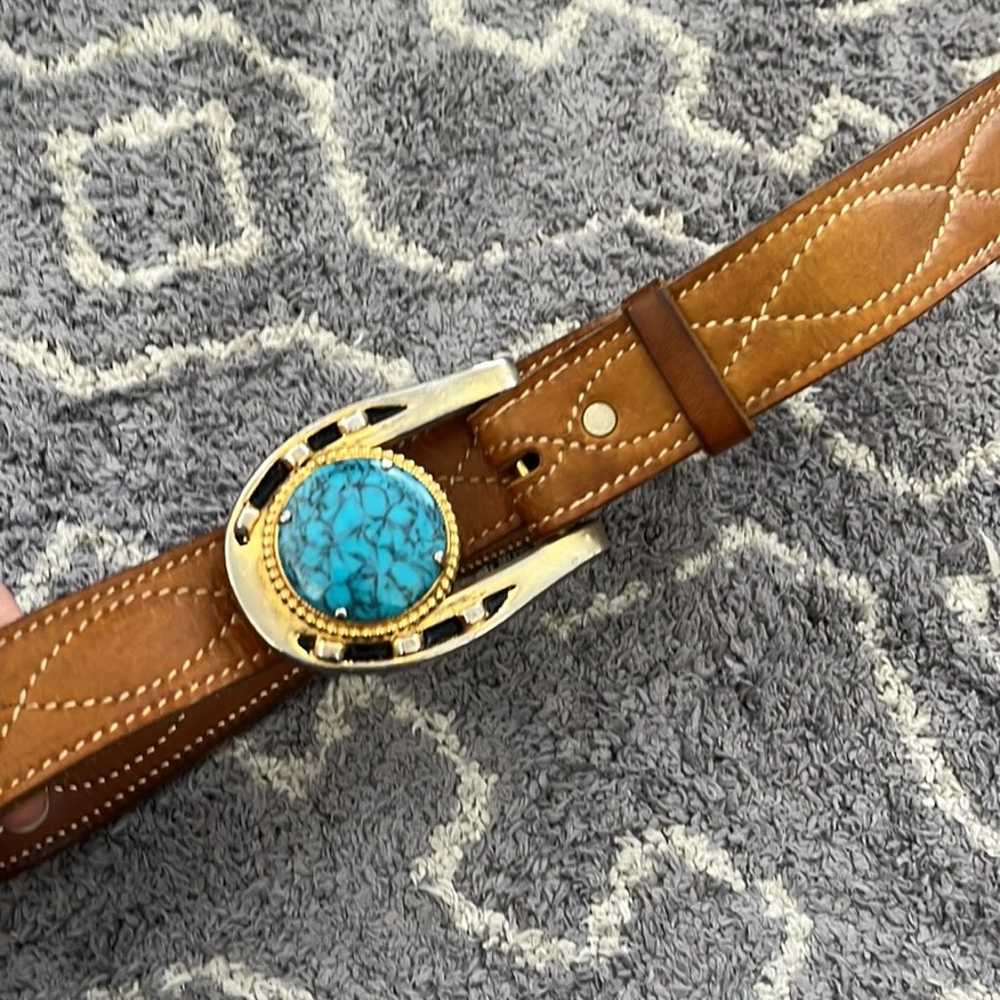 Vintage looper leather belt with turquoise buckle - image 2