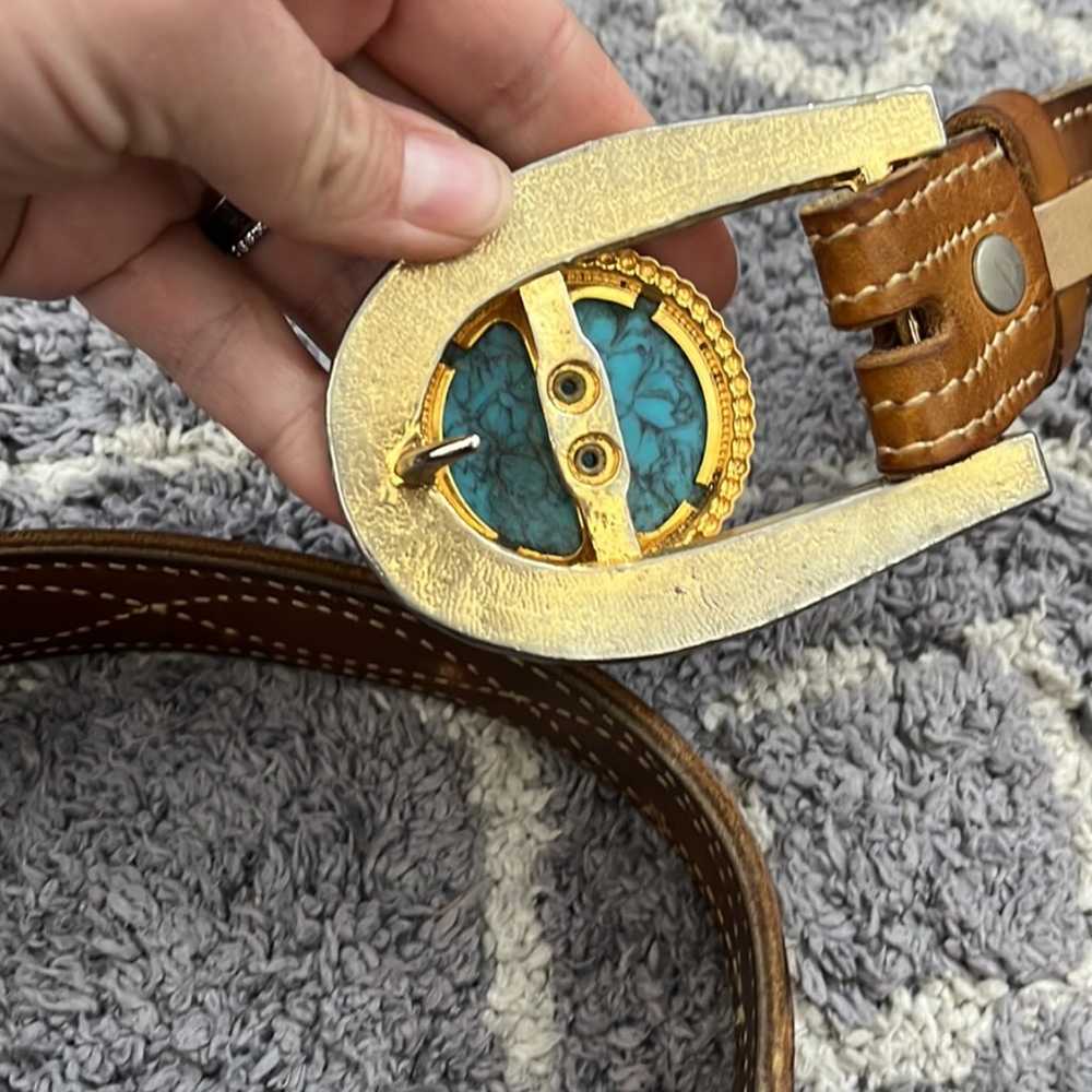 Vintage looper leather belt with turquoise buckle - image 5