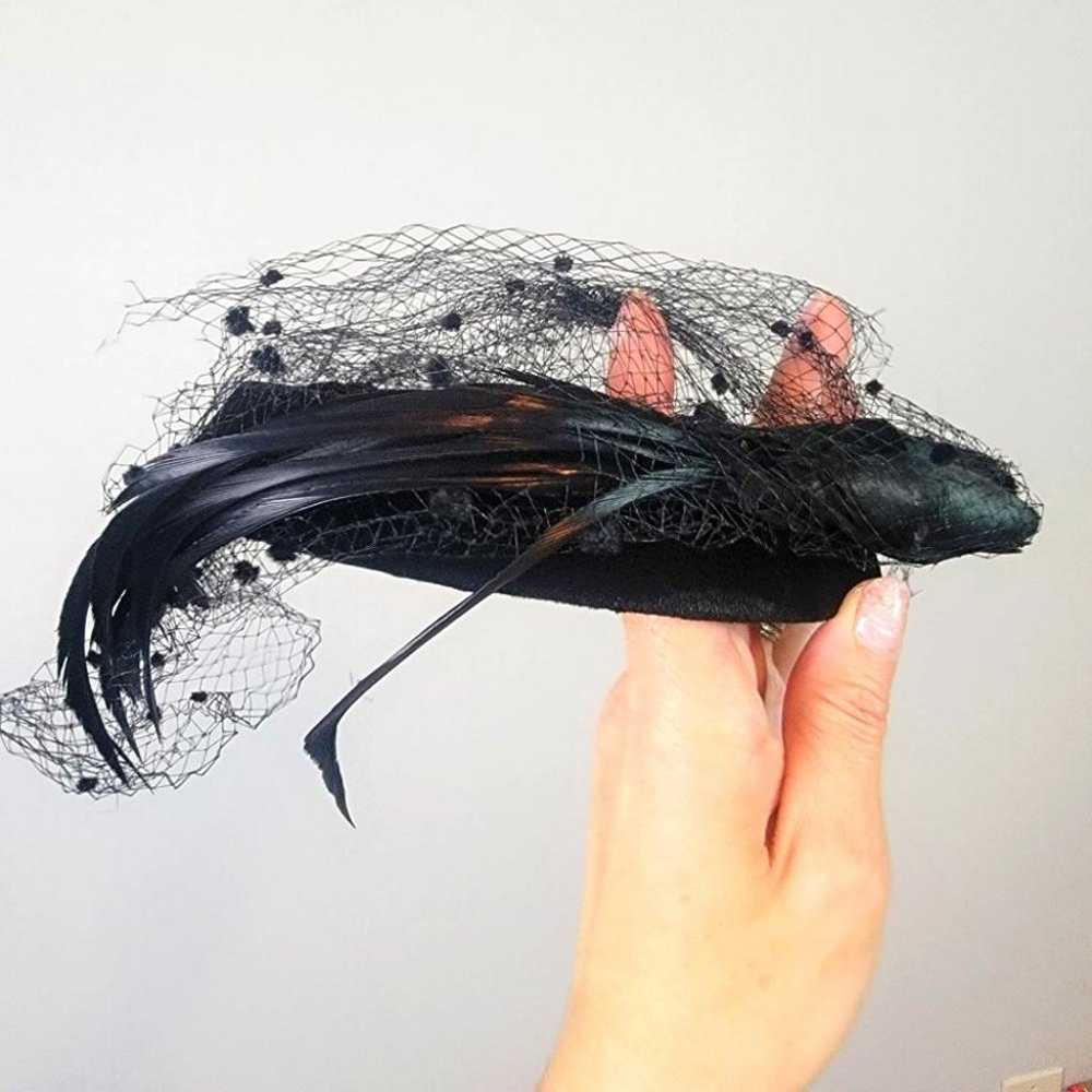 Black Rose Velvet Vintage Feather Net Headband Hat - image 1