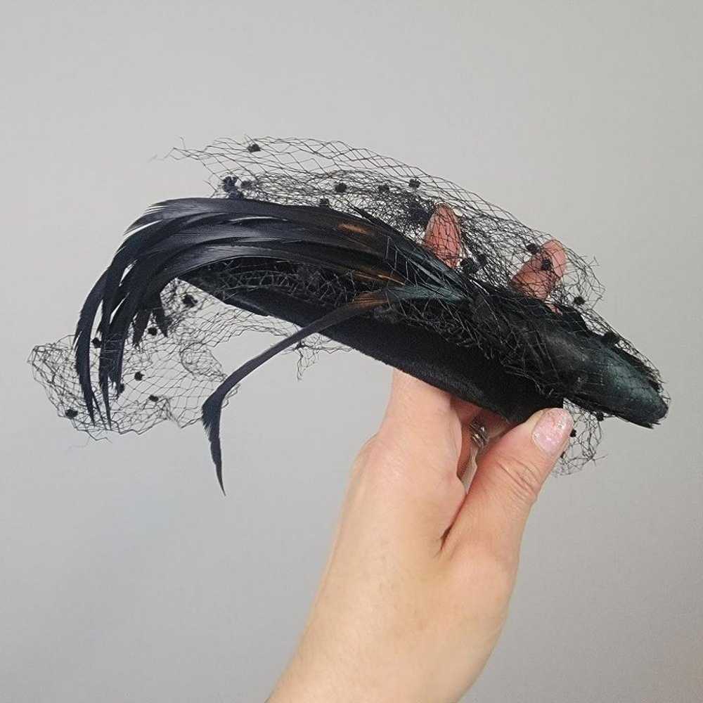 Black Rose Velvet Vintage Feather Net Headband Hat - image 2