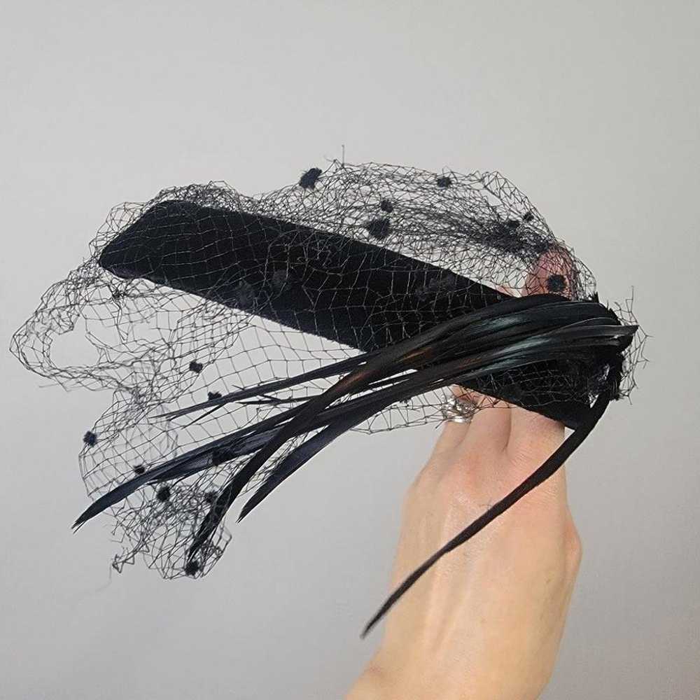 Black Rose Velvet Vintage Feather Net Headband Hat - image 3