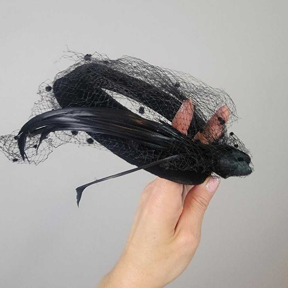 Black Rose Velvet Vintage Feather Net Headband Hat - image 4