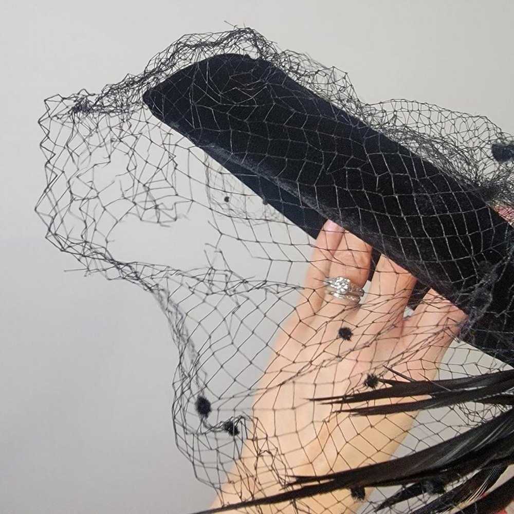 Black Rose Velvet Vintage Feather Net Headband Hat - image 9