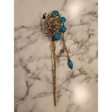 Vintage Peacock Hair Stick Pin With Turquoise Gem… - image 1