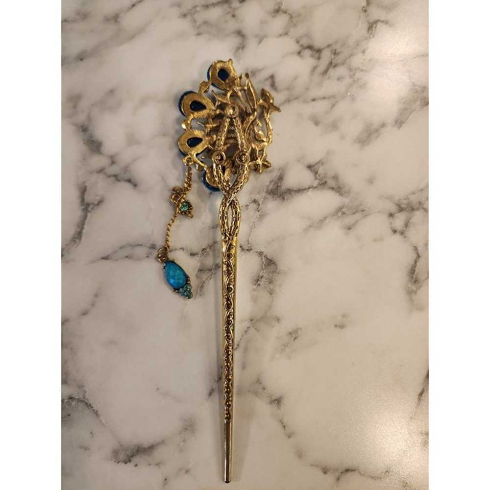 Vintage Peacock Hair Stick Pin With Turquoise Gem… - image 2