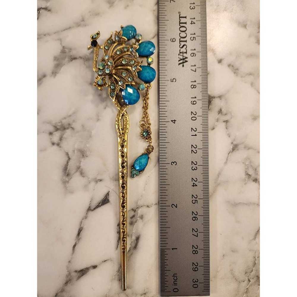 Vintage Peacock Hair Stick Pin With Turquoise Gem… - image 3