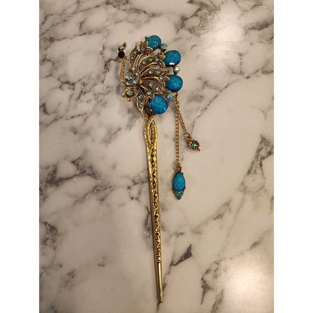 Vintage Peacock Hair Stick Pin With Turquoise Gem… - image 4