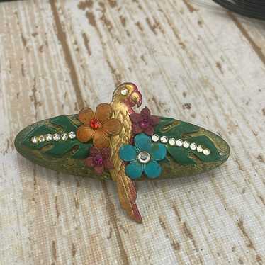 Rare Vintage HAIR CLIP metal parrot floral embell… - image 1