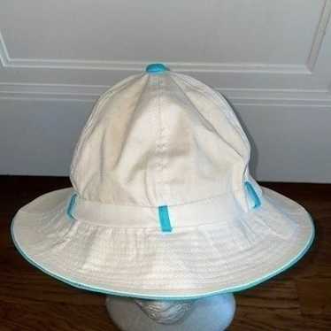 Vtg 70s off white & turquoise blue flop hat