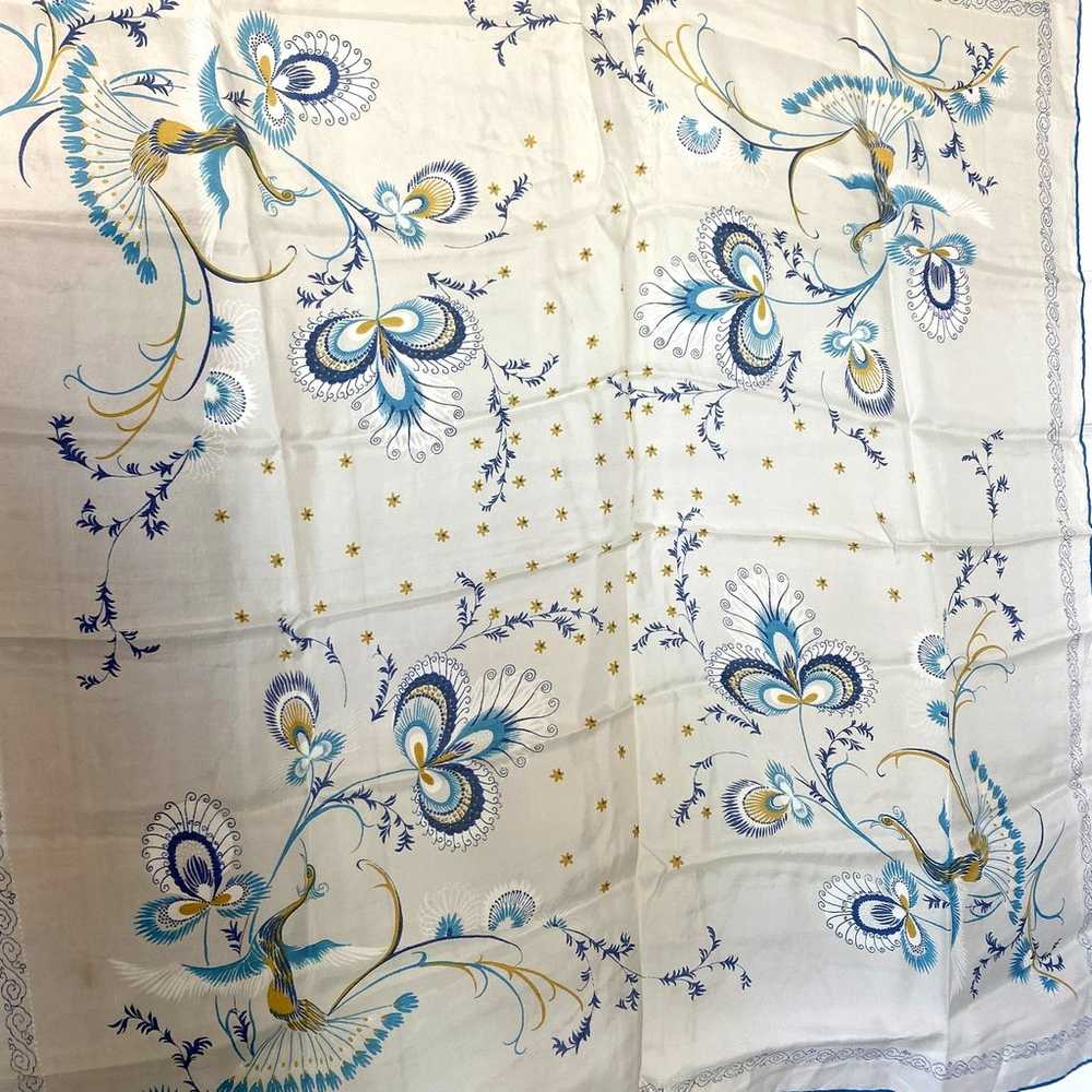 Vintage 1950s Scarf Blue Peacocks Birds Floral Ra… - image 1