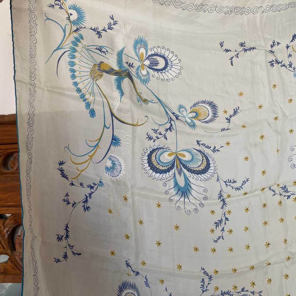 Vintage 1950s Scarf Blue Peacocks Birds Floral Ra… - image 3