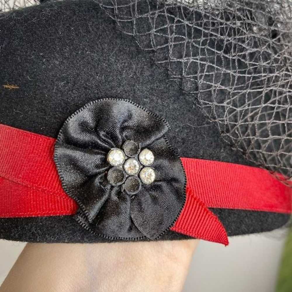 Vintage wool hat head over veil fascinator red bl… - image 4