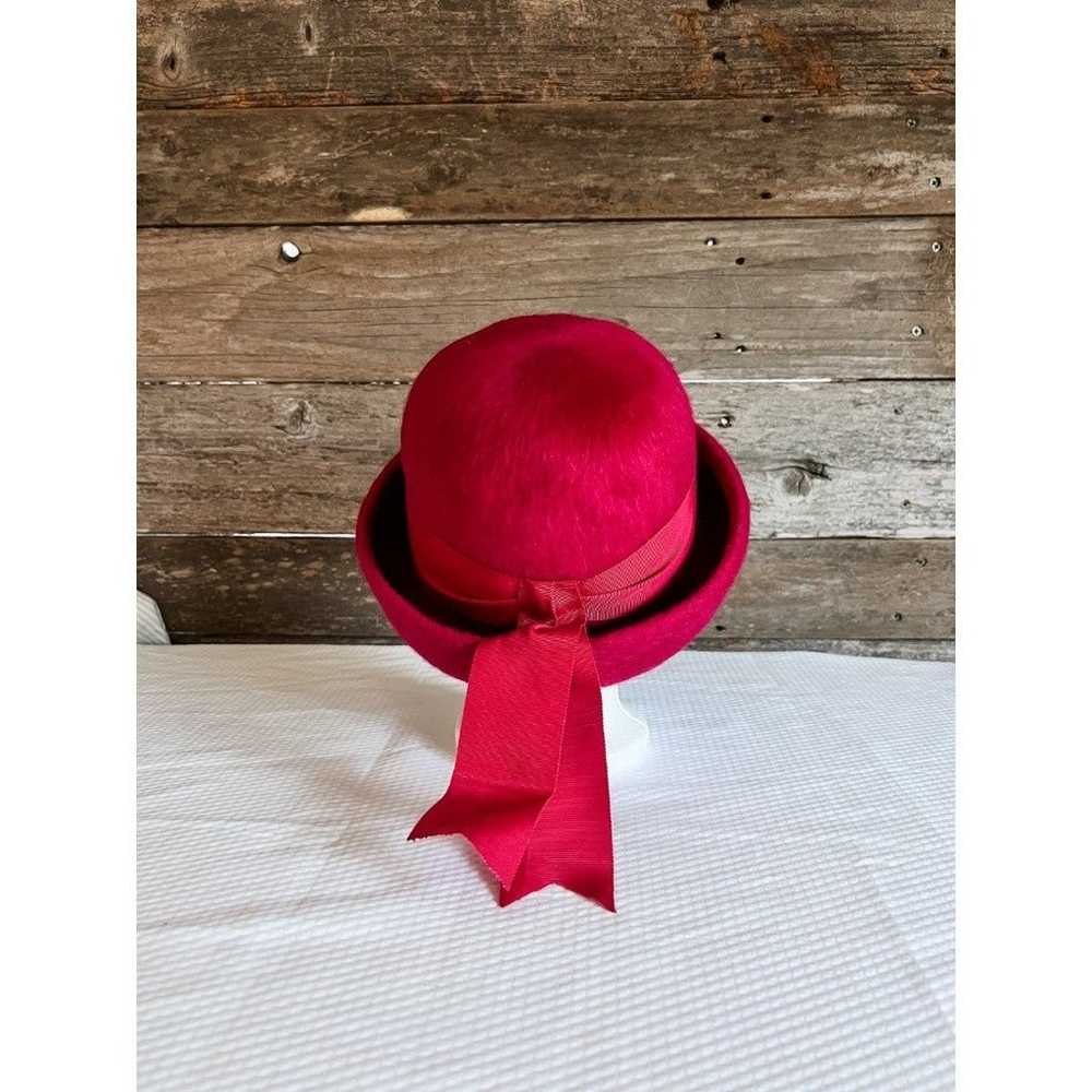 Vintage 1960s Cranberry Wool Bowler Womens Hat - … - image 4