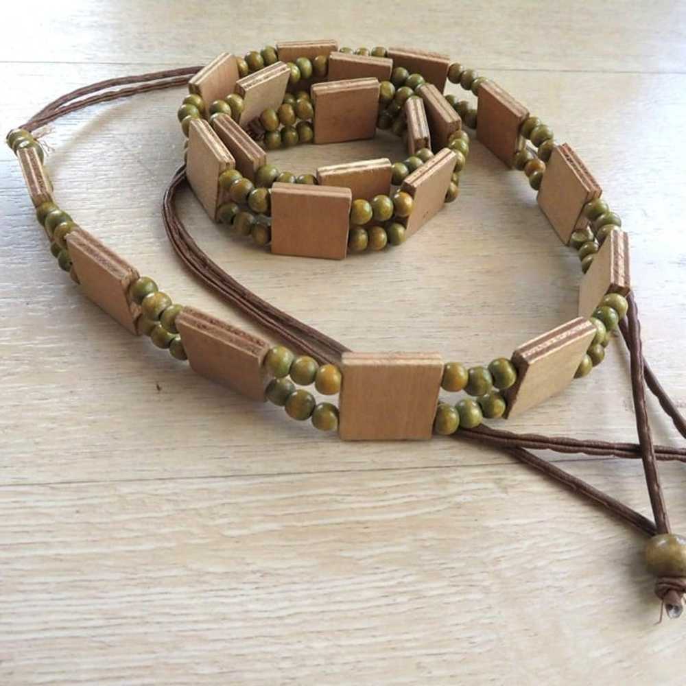 Vintage Womens M Wood and Bead Tie Belt Green Bro… - image 6