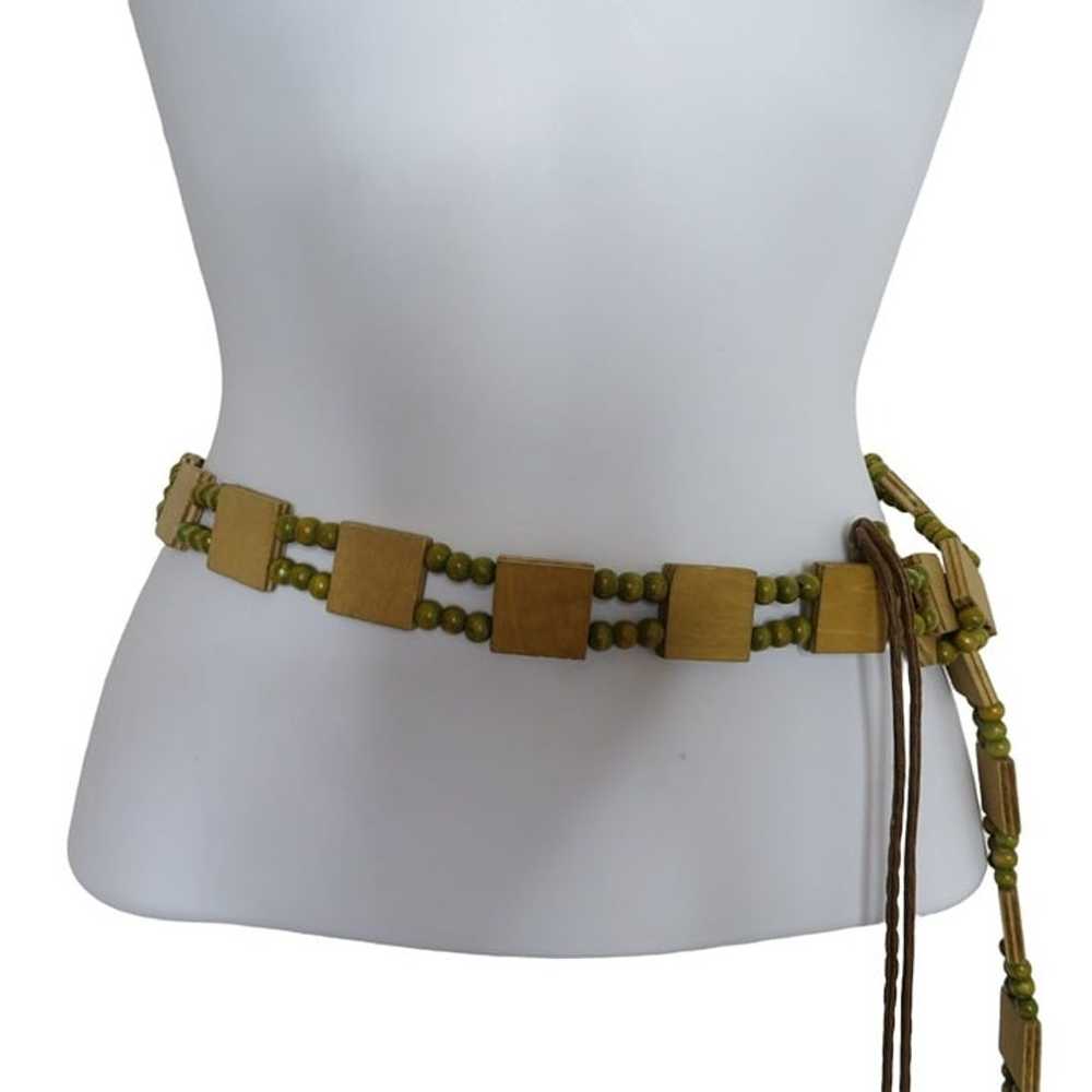 Vintage Womens M Wood and Bead Tie Belt Green Bro… - image 9