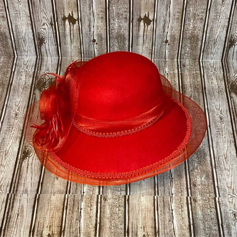 Vintage Womens Red Felt Derby Church Hat - image 3