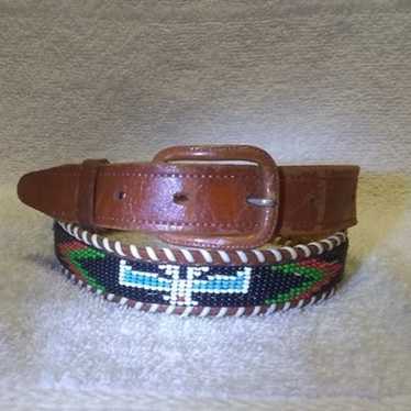 Brown Leather Beaded Belt Thunderbird Native Amer… - image 1