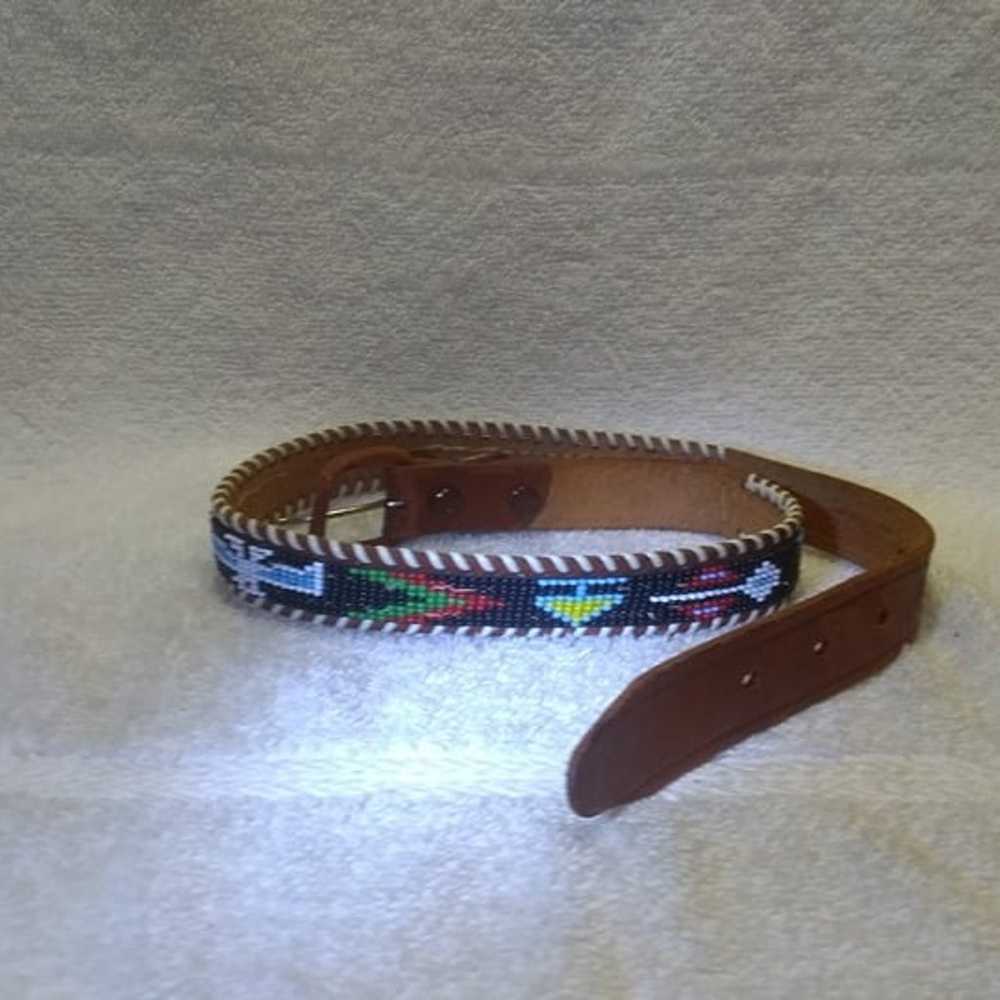 Brown Leather Beaded Belt Thunderbird Native Amer… - image 2