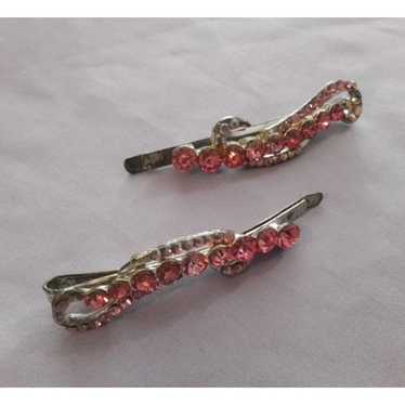 Vintage Rhinestone Hair Clips Pink & Silver Tone