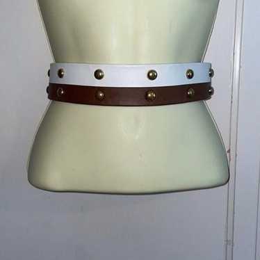 Vtg 70s brown & white belt with gold studs