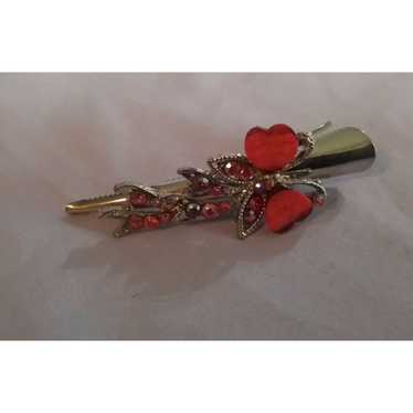 Vintage Red Heart Butterfly & Rhinestone Metal Hai