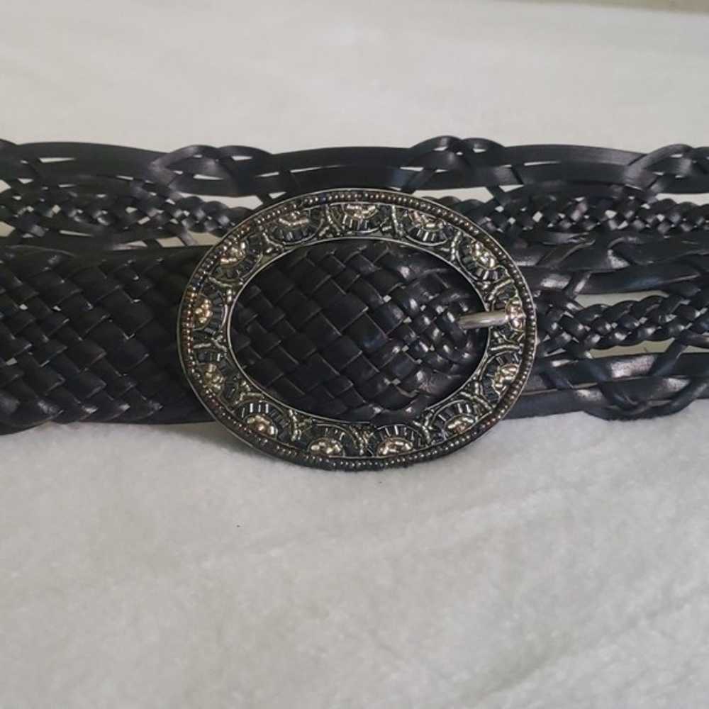 Vintage Black Leather Wide Weaved Braided Belt Cr… - image 1