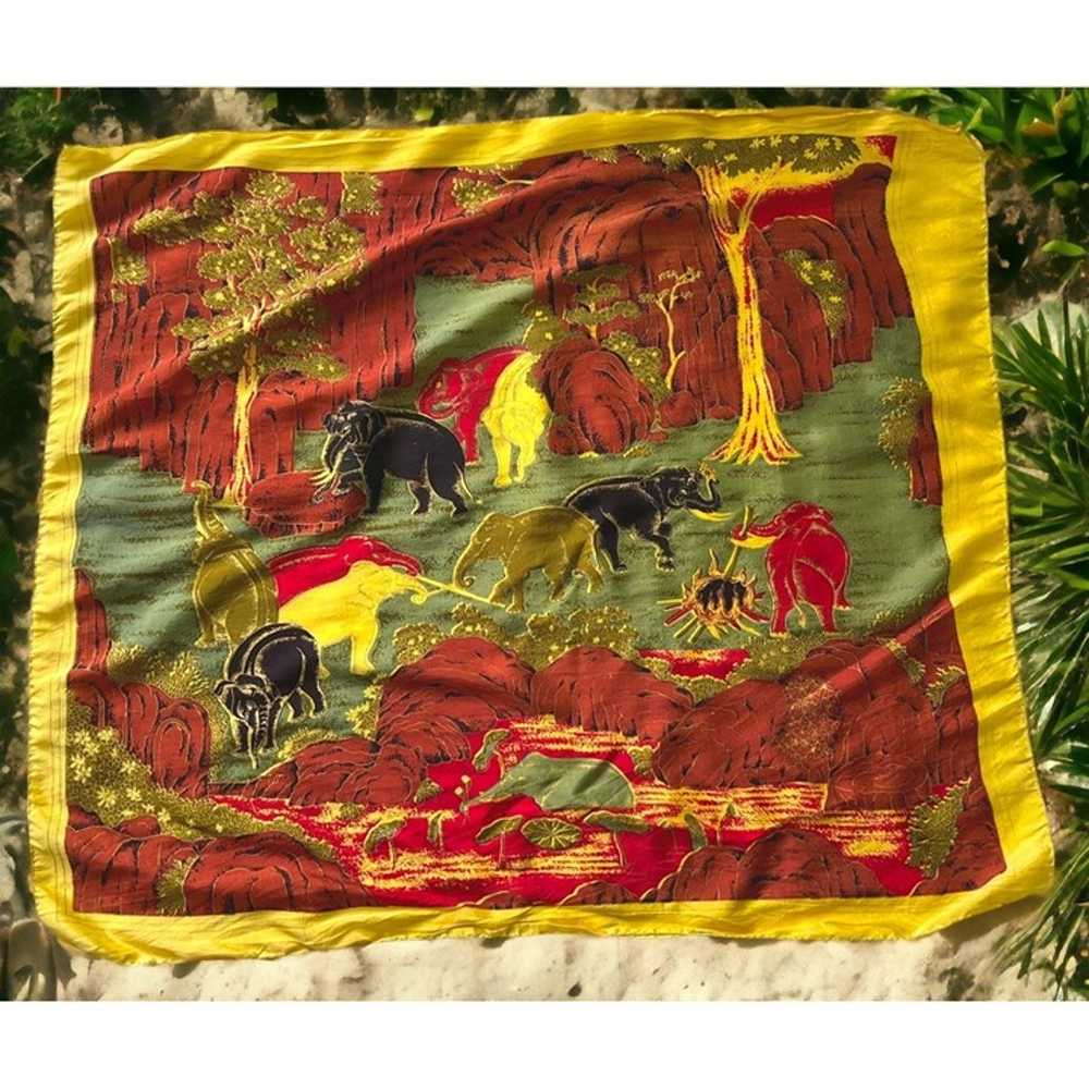 Vintage Elephant Herd Scarf Jungle Safari Thai 10… - image 1