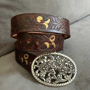 Vintage ornate silver belt buckle + tooled leather