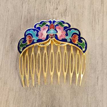 Vintage Cloisonne Hair Comb Blue Floral with Gold 